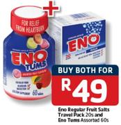 Eno Regular Fruit Salts Travel Pack 20's and Eno Tums 60's