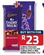Cadbury Chocolate Slabs 90gm and CadburyMint or Milk Bubbly Chocolate 150gm
