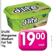 D'Lite Margarine Medium Fat Tub-1kg Each