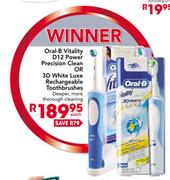 Oral-B Vitality D12 Power Precision Clean Or 3D White Luxe Rechargeable Toothbrushes Each