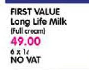 First value Full Cream Long Life Milk-6x1Ltr