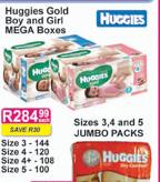 Huggies Gold Boy And Girl Mega Boxes(Size 3-144's/Size 4-120's/Size 4+ -108's/Size 5-100's)-Each