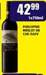 Porcupine Merlot or Cab/Sauv-750ml Each