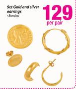 9ct Gold & Silver Earrings Bonded - Per Pair