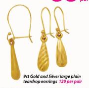 9ct Gold & Silver Large Plain Teardrop Earrings-Per Pair