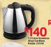 1.5Ltr Stainless Steel Cordless Kettle 2000W