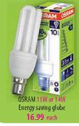 Osram 11W or 14W Energy Saving Globe-Each