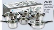 Essentials Vlekvrye Staal Kookwarestel Met Glasdeksels - 12 Stuk Per Stel 