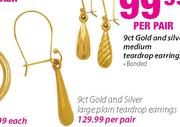 9Ct Gold And Silver Large Plain Teadrop Earrings-Per Pair