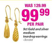 9Ct Gold And Silver Medium Teadrop Earrings-Per Pair