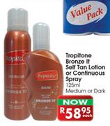 Tropitone Bronze It Self Tan Lotion Or Contonuous Spray(Medium Or Dark)-125ml Each