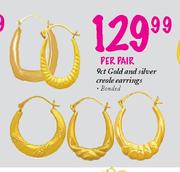 9ct Gold and Silver Creole Earrings-per pair