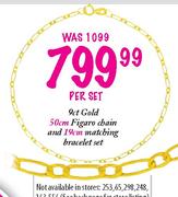 9ct Gold 50cm Figaro Chain and 19cm Matching Bracelet Set-per set