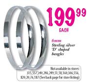 Sterling Silver 'D' Shaped Bangles-6mm each