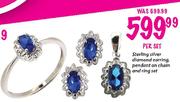 Sterling Silver Diamond Earring, Pendant on Chain and Ring Set-per set