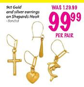 9ct Gold and Silver Earrings on Shepards Hook-per pair