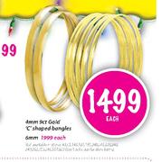 9ct Gold 'c' Shaped Bangles-4mm Each