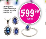 Sterling Silver Diamond Earrings,Pendant On Chain And Ring Set-Per Set