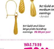 9ct Gold And Silver Large Teardrop Earrings-Per Pair