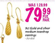 9ct Gold And Silver Medium Teardrop Earrings-Per Pair