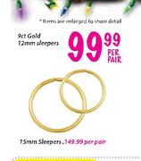 9ct Gold-12mm Sleepers-Per Pair