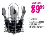 16 Piece Stainless Steel Cutlery Set In Wire Basket