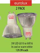 Eurolux 2 Pack 3W LED GU10 Or MR16 In Cool Or Warm-Each  