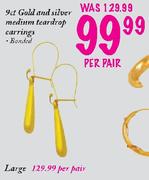 9ct Gold And Silver Large Teardrop Earrings-Per Pair