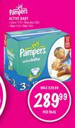 Pampers Active Baby-Junior-111's, Maxi Plus-120's, Maxi-132's, Midi-150's