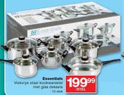 Essentials Vleekvrye Staal Kookwarestel Met Glas Deksels-12 Stuk Per Stel
