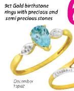 9ct Gold Birthstone Rings With Precious And semi Precious Stones December Topaz-Each