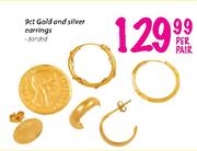 9ct Gold And Silver Earrings-Per Pair