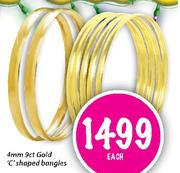 9ct Gold 'C' Shaped Bangles-4mm Each