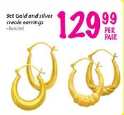 9ct Gold And Silver Creole Earrings-Per Pair