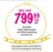 9ct Gold 50cm Figaro Chain & 19cm Matching Bracelet Set