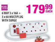 Simple Choice 6 Way 3x16A  + 3x6A Multiplug With Surge