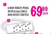 6 Way Multi-Plug With 0.6m Cable & Reset Switch-Each