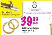 9ct Gold and Silver Single Earring-Each