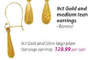 9ct Gold and Silver Large Plain Teardrop Earrings-Per Pair
