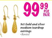 9ct Gold and Silver Medium Teardrop Earrings-Per Pair