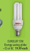 Eurolux 15W Energy Saving Globe ES Or BC Each