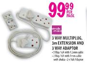 Simple Choice 3 Way Multiplug,3m Extension And 3 Way Adaptor-Per Pack