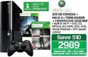 Xbox 360 250GB Console+ Halo 4+Tomb Raider+1 Month Live Voucher
