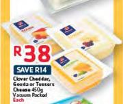 Clover Cheddar, Gouda Or Tussars Cheese 450g Vacuum Packed-Each