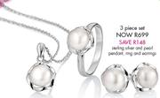 3 Piece Set Sterling Silver And Pearl Pendant,Ring And Earrings