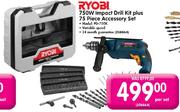 Ryobi 750W Impact Drill Kit Plus 75 Piece Accessory Kit(Model:PD-750K)-Per Set