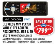 Dixon Deckless MP4 Player With 3" TFT Screen,RDS Control,USB & SD Slots And Detachable Face DVD672