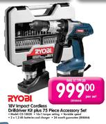 Ryobi Impact Cordless Drilldriver Kit-18V Plus 75 Piece Accessory Set(CD-1882K)