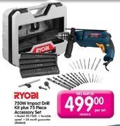 Ryobi Impact Drill Kit-750W Plus 75 Piece Accessory Set(PD-750K)