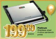 Platinum Stainless Steel 4-Slice Sandwich Press-Each